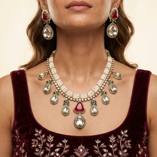 Ruby Green Kidia Teardrop Necklace Set - Model