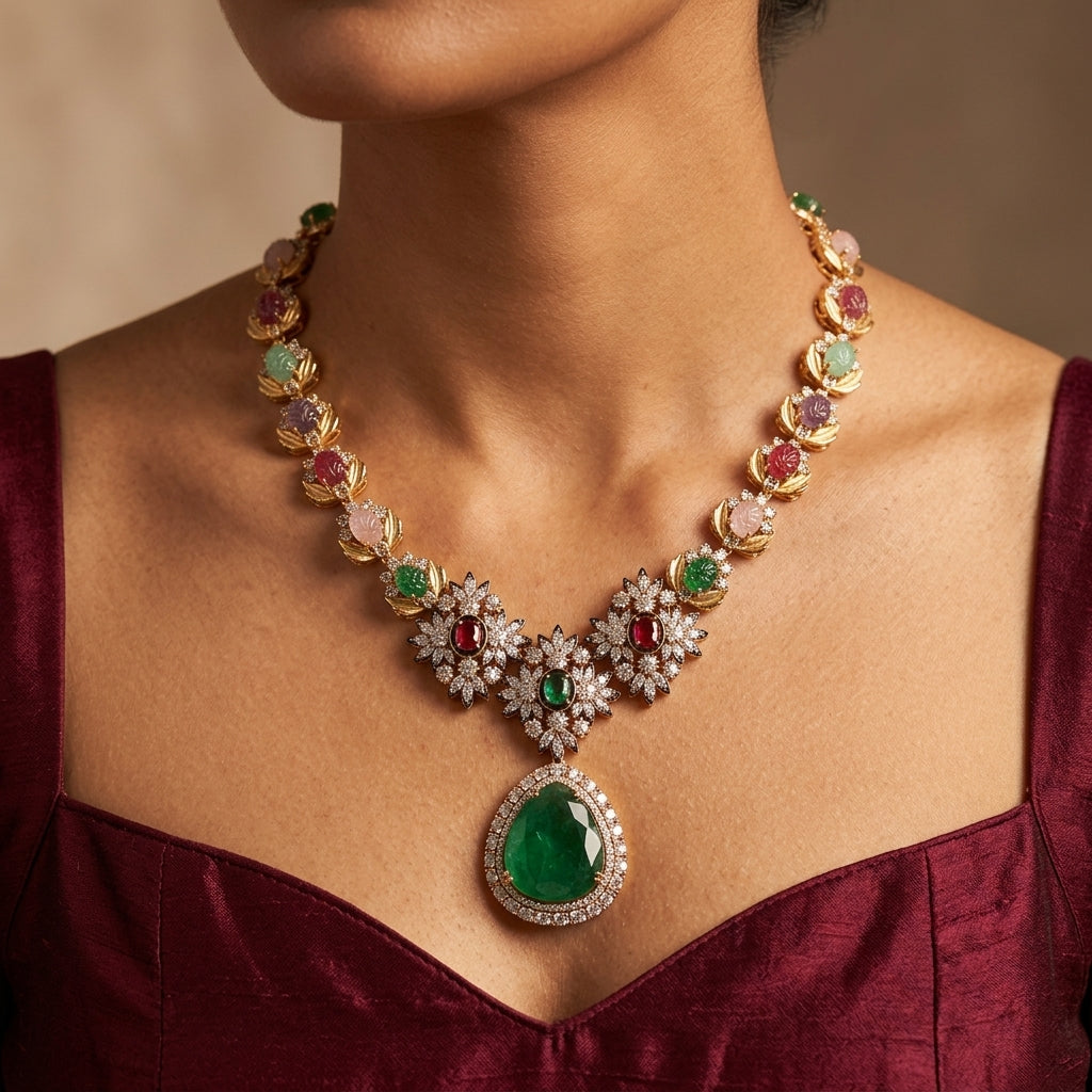 Multi Floral Cluster Necklace Set - Model