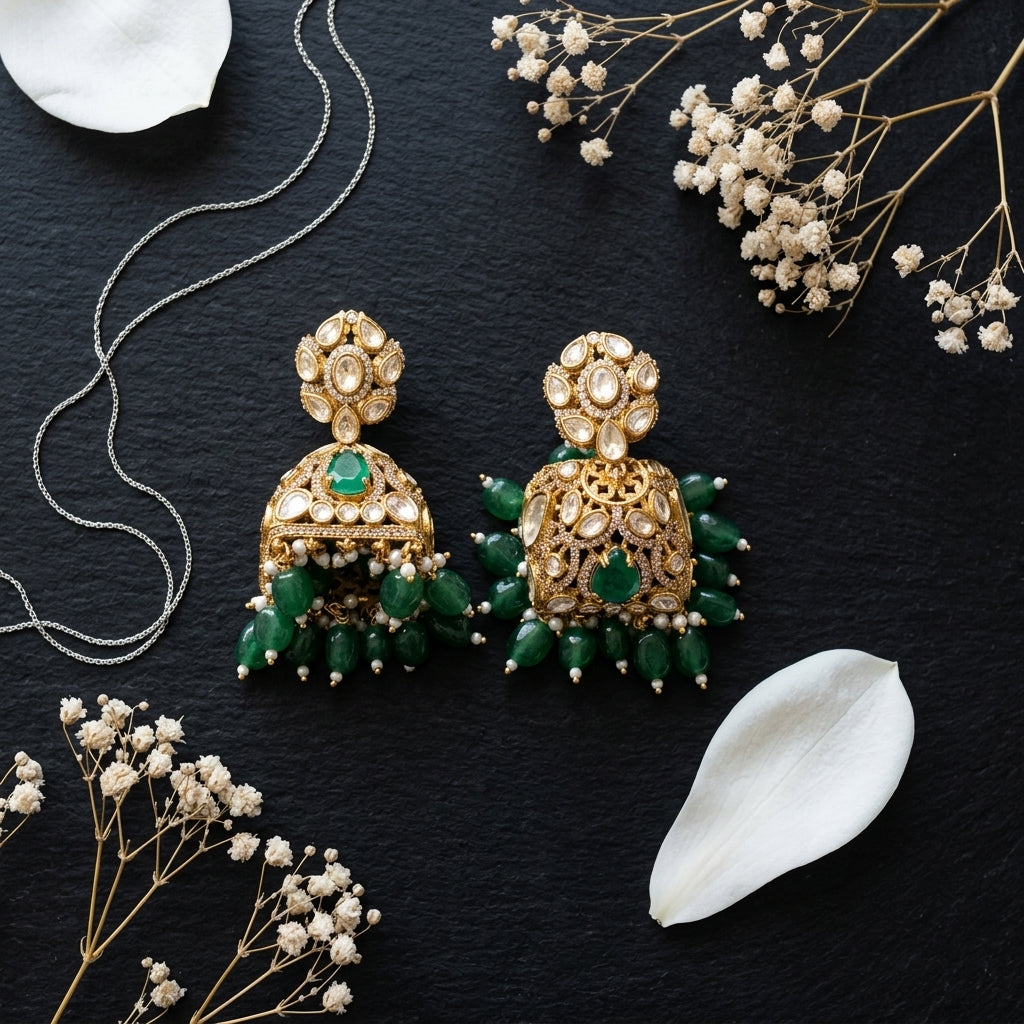 Green Floral Polki Jhumka Pair - Tabletop