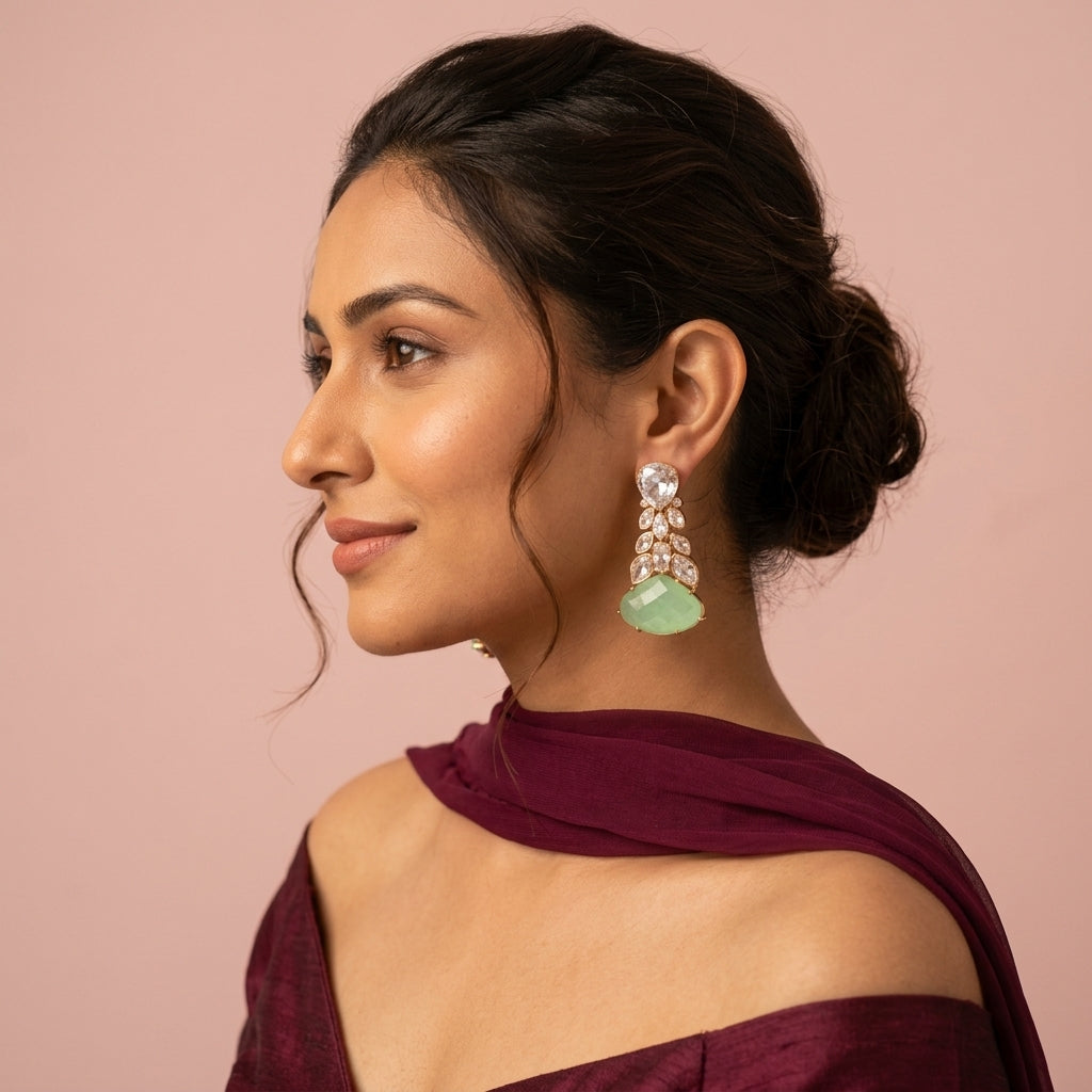 Mint Green and Clear Faceted Drop Earrings - Model