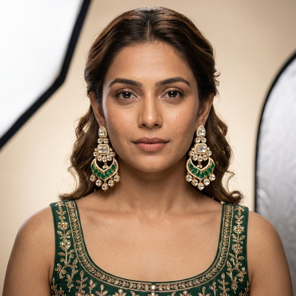 White and Green Heritage Kundan Earrings - Model