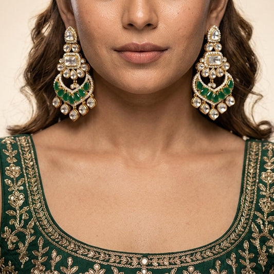 White and Green Heritage Kundan Earrings - Model