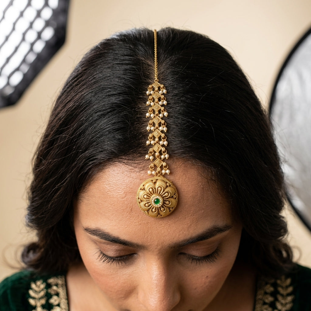 Green and White Floral Geometric Maang Tikka - Model