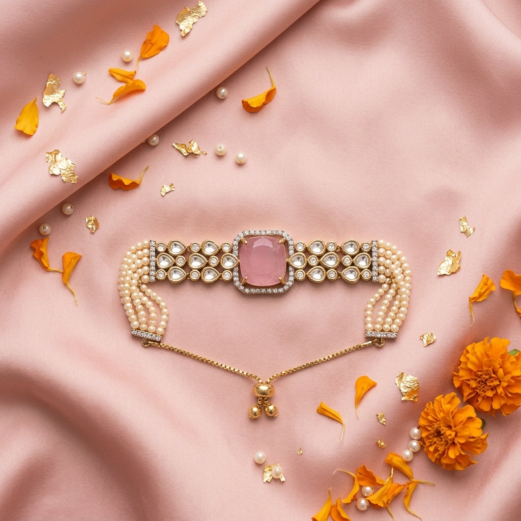 Pink Kundan Pearl Cluster Bracelet - Tabletop
