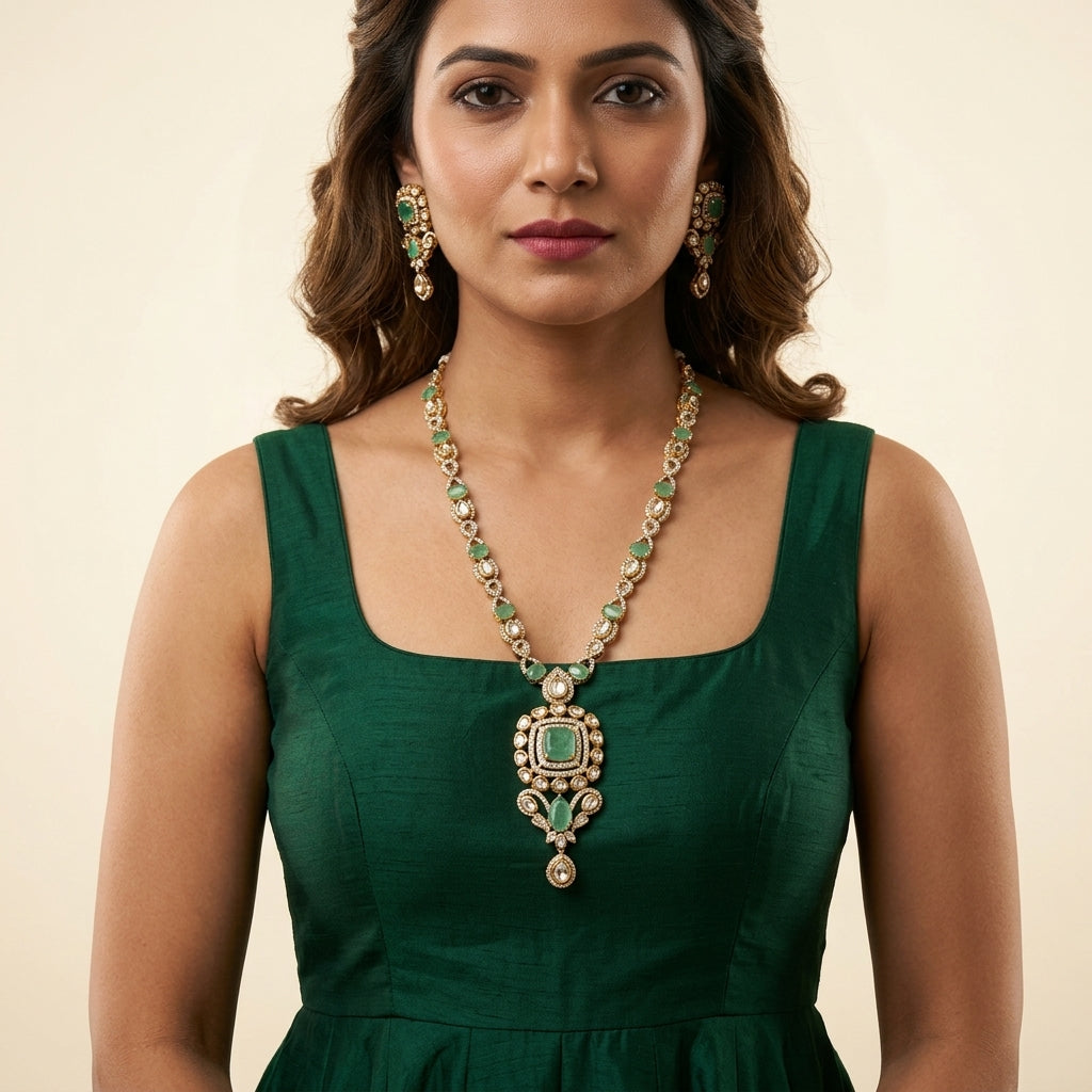 Mint and White Intricate Square Necklace Set - Model