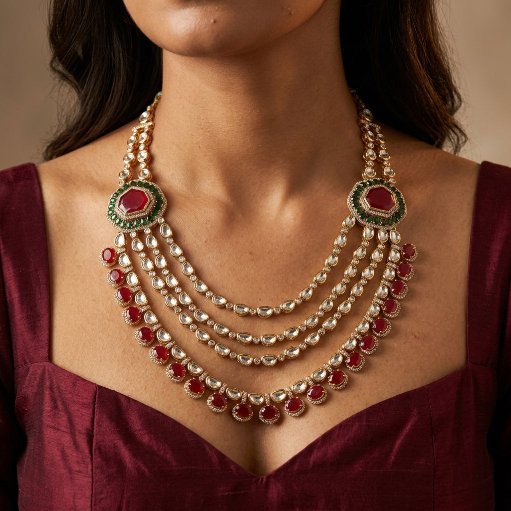 Ruby Green Octagonal Kundan Necklace Set - Model