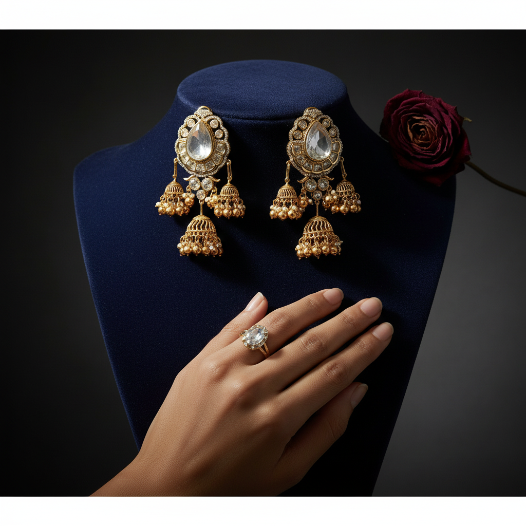 White Rajwadi Jhumka Pair - Mannequin