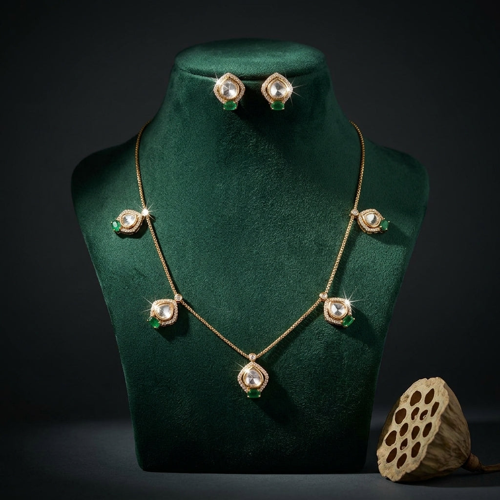 White and Green Geometric Polki Necklace Set - Mannequin