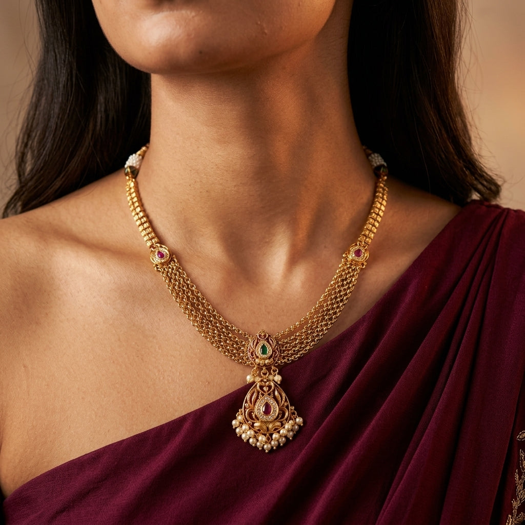 Ruby Green Tear-drop Motif Necklace Set - Model