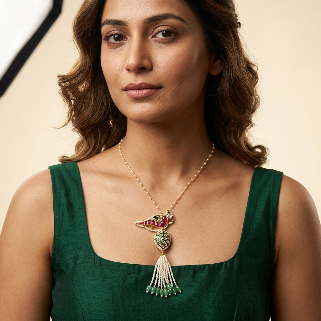 Ruby Green Kundan Floral Necklace Set - Model
