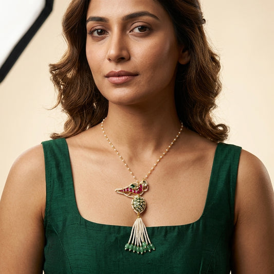 Ruby Green Kundan Floral Necklace Set - Model