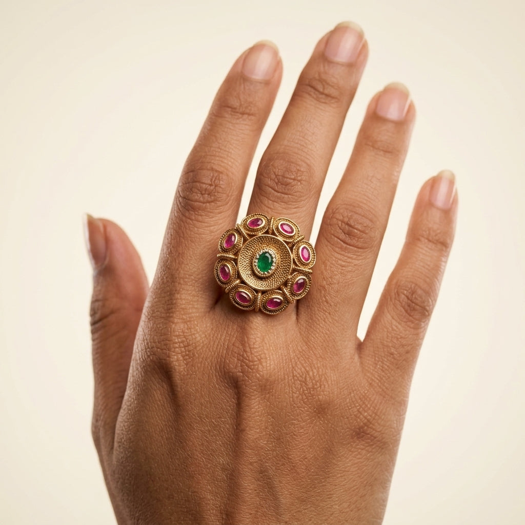 Ruby and Green Oval Cluster Ring - Model