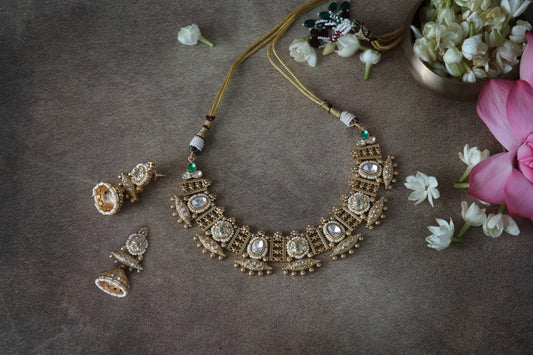 Antique Green Kundan necklace set with Jhumkas