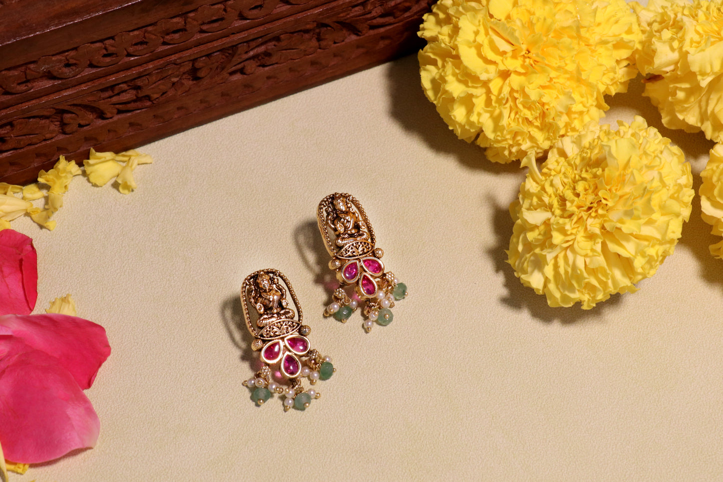 Antique Gold Lakshmi Earrings | Ruby Green Beads - BeautiArt