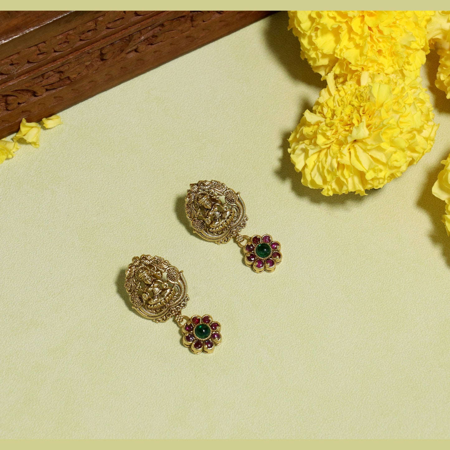 BeautiArt Antique Gold Lakshmi Earrings | Ruby Floral Drop