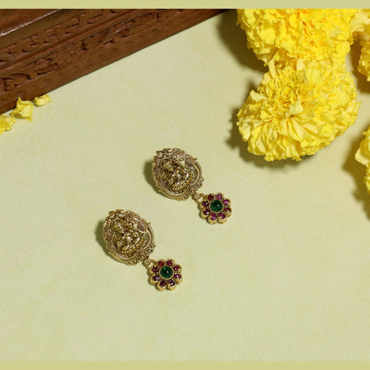 BeautiArt Antique Gold Lakshmi Earrings | Ruby Floral Drop