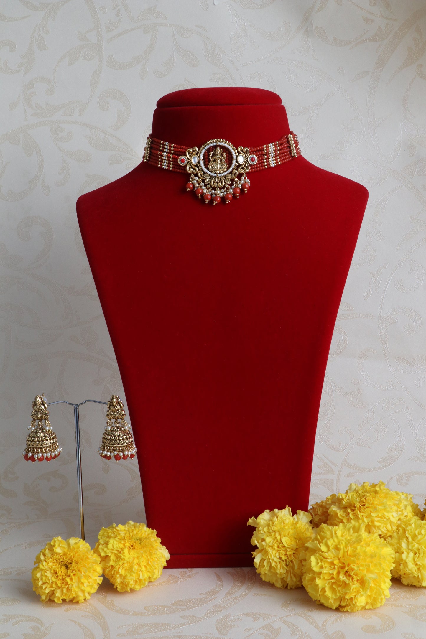 Coral Beaded Lakshmi Choker Necklace Set with Jhumka Earrings