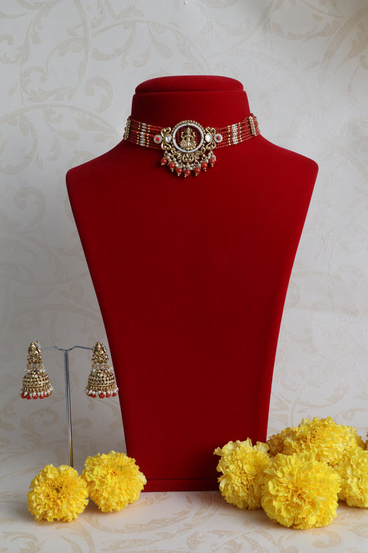 Coral Beaded Lakshmi Choker Necklace Set with Jhumka Earrings