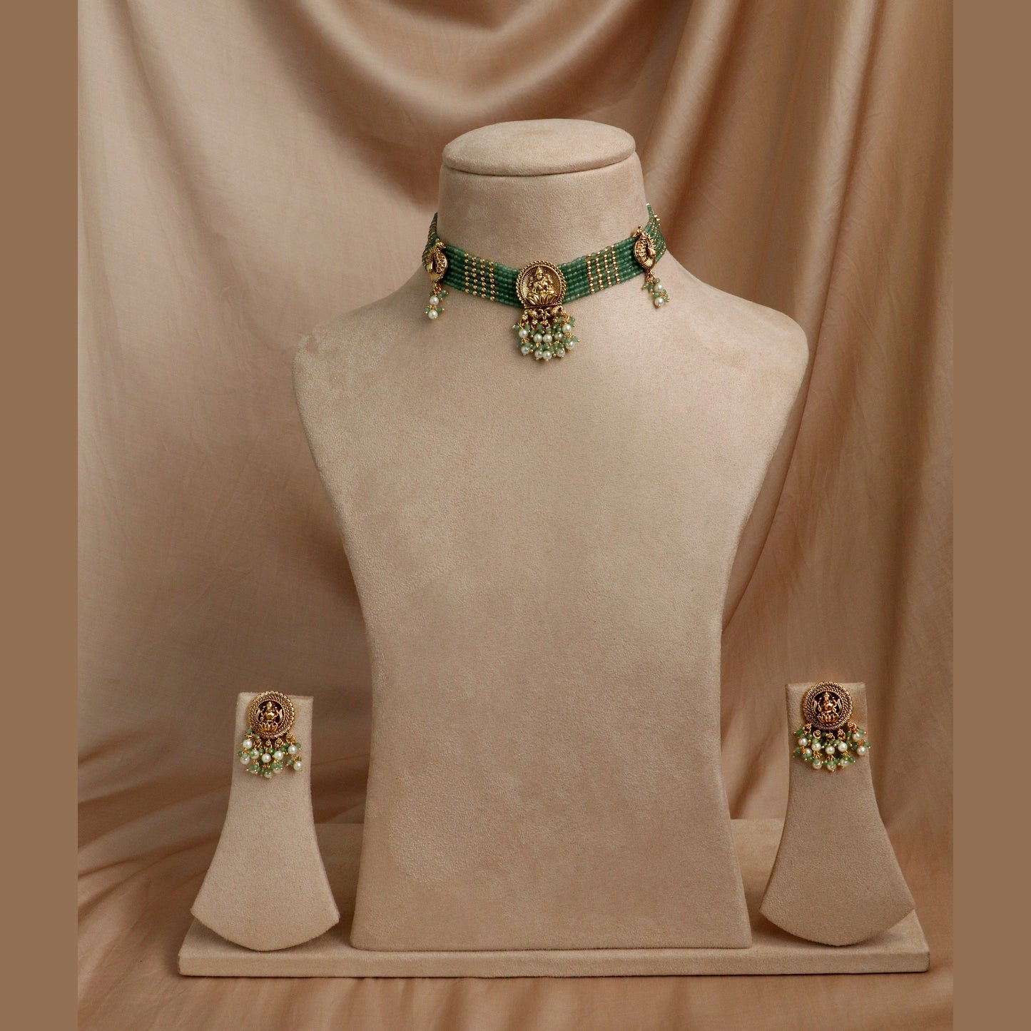 Green Beaded Lakshmi Choker Necklace Set