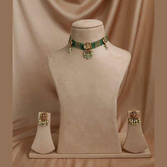 Green Beaded Lakshmi Choker Necklace Set