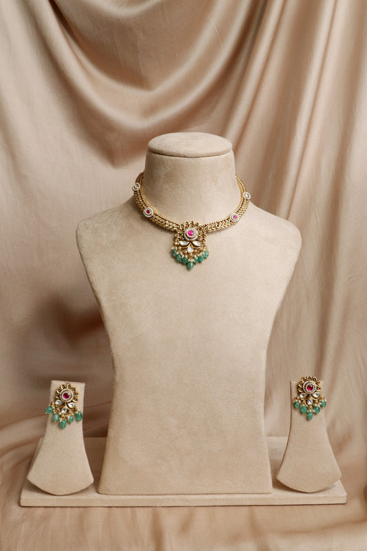 Ruby & Green Beaded Kundan Floral Choker Necklace Set