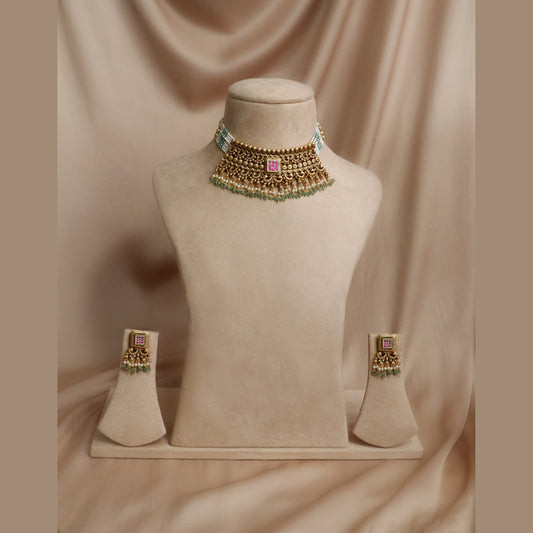 Regal Ruby & Emerald Beaded Kundan Choker with Matching Earrings