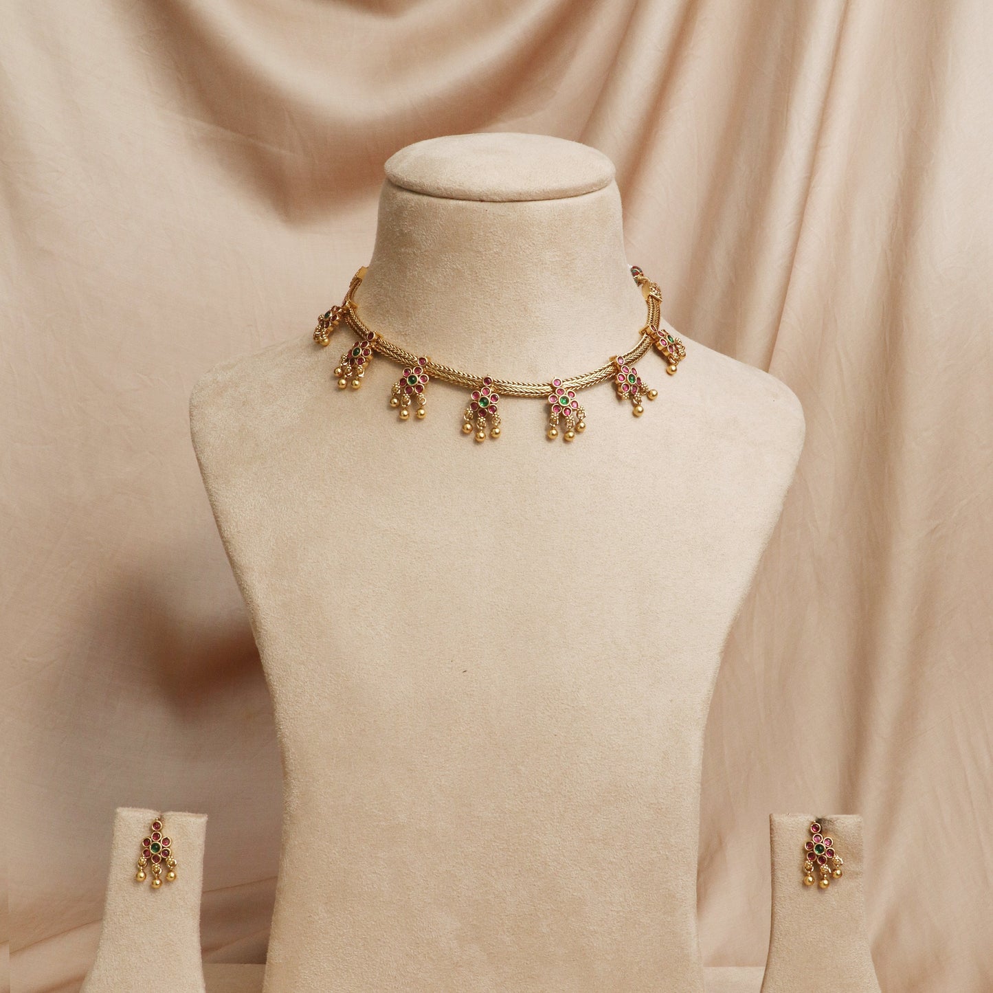 Ruby & Green Stone Choker Set with Matching Earrings