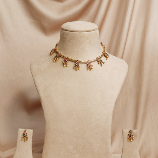 Ruby & Green Stone Choker Set with Matching Earrings