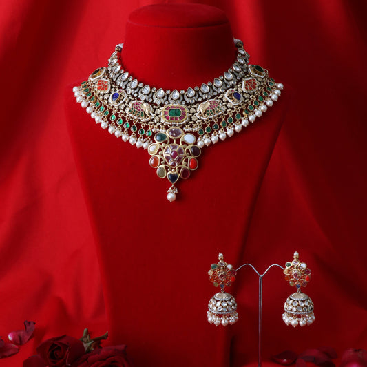 Exquisite Multi-Stone Kundan Bridal Necklace Set with Jhumka Earrings