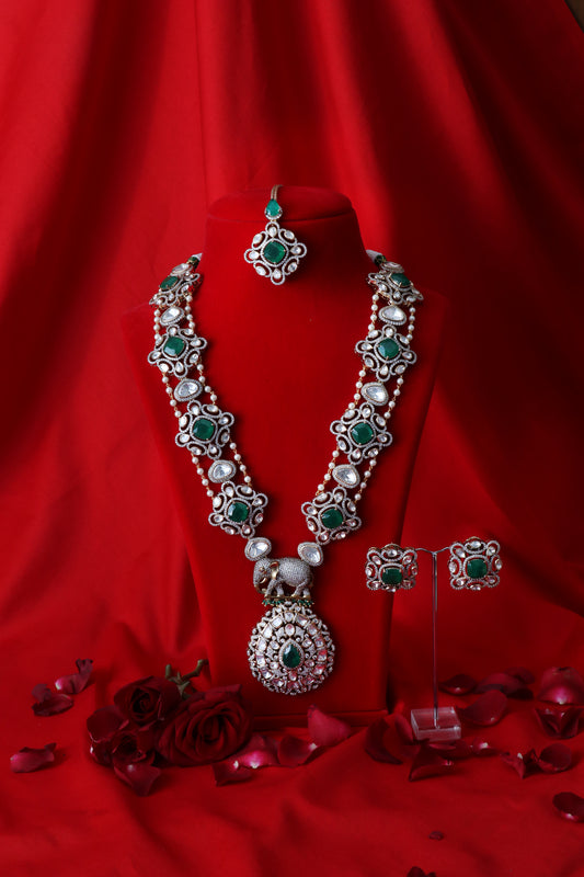 Heritage Green Stone Bridal Jewellery Set with Maang Tikka & Earrings