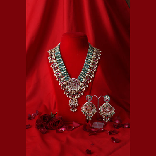 Royal Bridal Ruby-Green Kundan Necklace Set with Statement Earrings