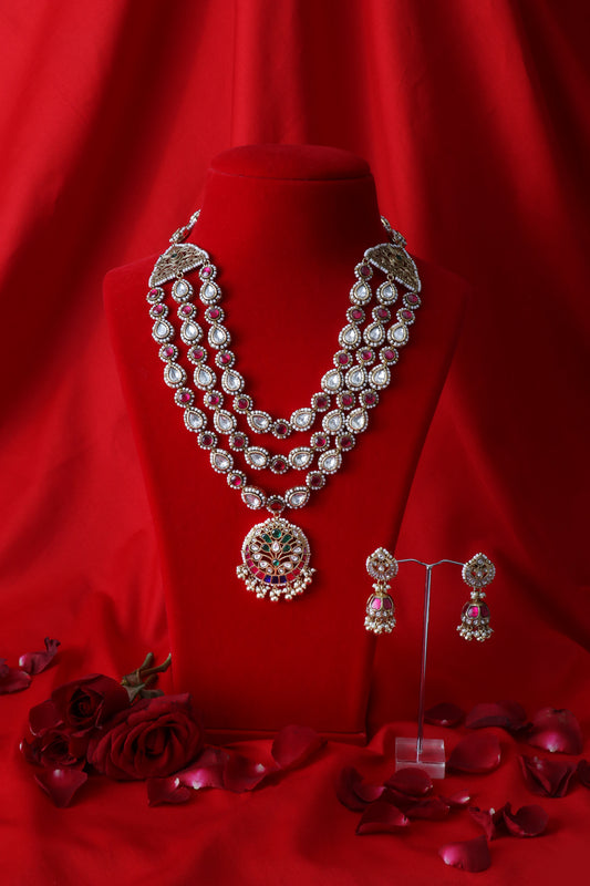 Bridal Multi-Layered Kundan & Ruby Necklace Set Earrings