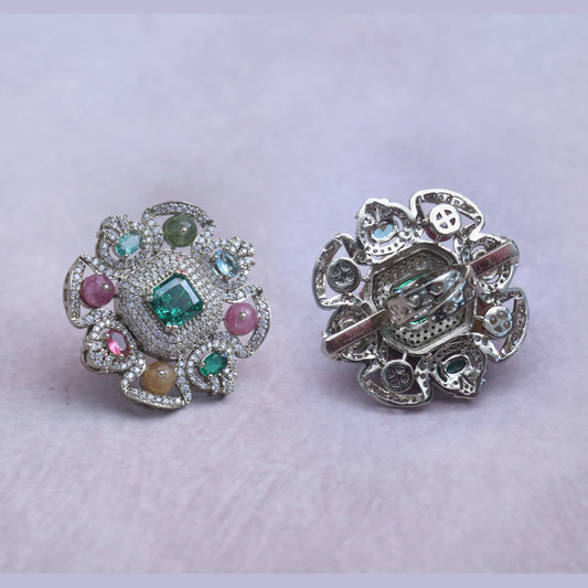 BeautiArt Luxury Floral Emerald & Diamond Gemstone Ring