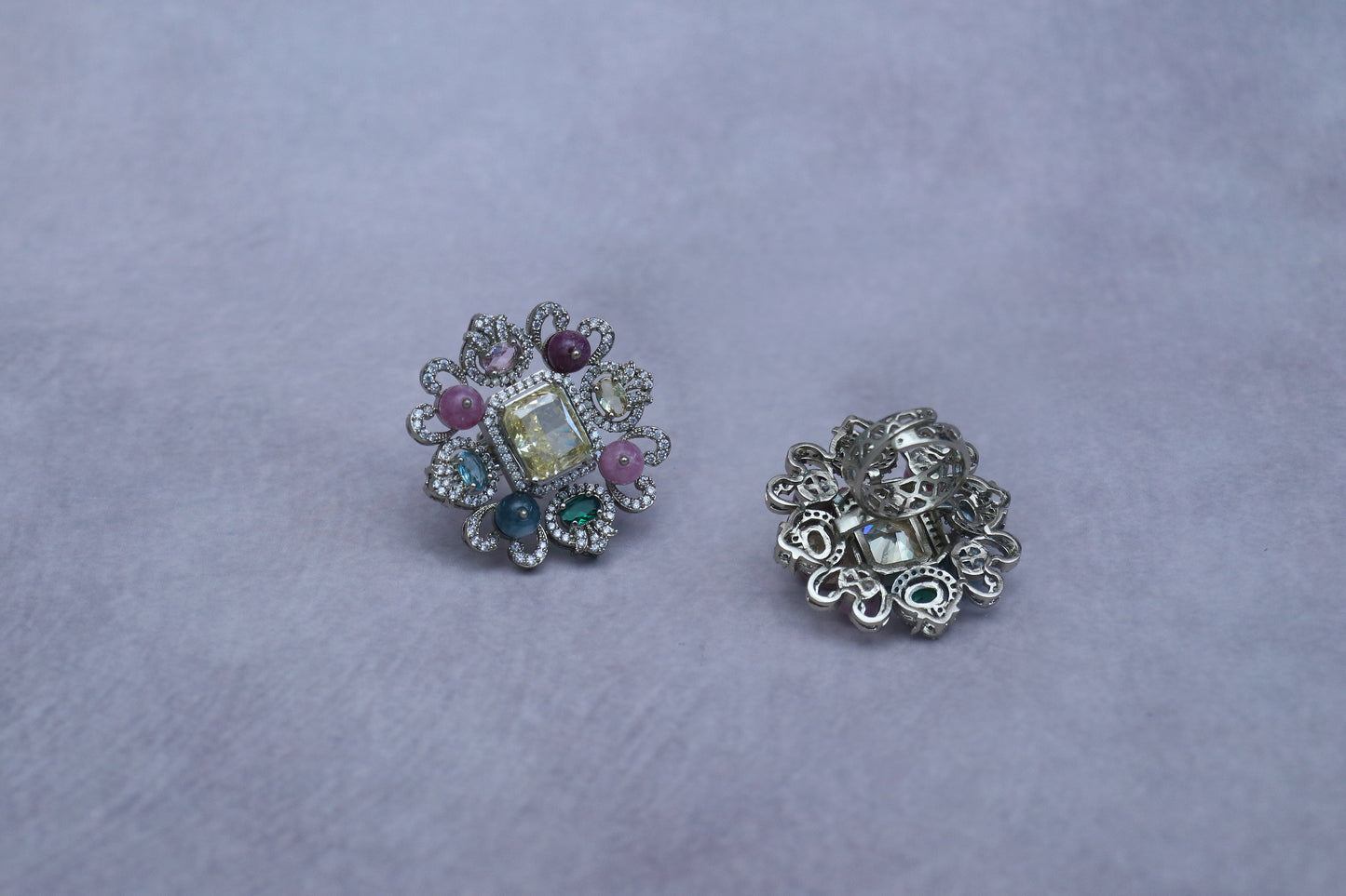 Indian Luxury Floral Multi-Gemstone Ring with Diamonds