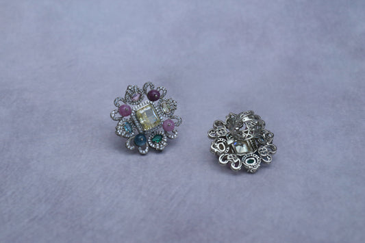 Indian Luxury Floral Multi-Gemstone Ring with Diamonds