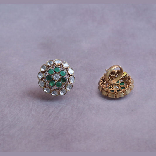 Emerald & Polki-Style Kundan Round Adjustable Statement Ring