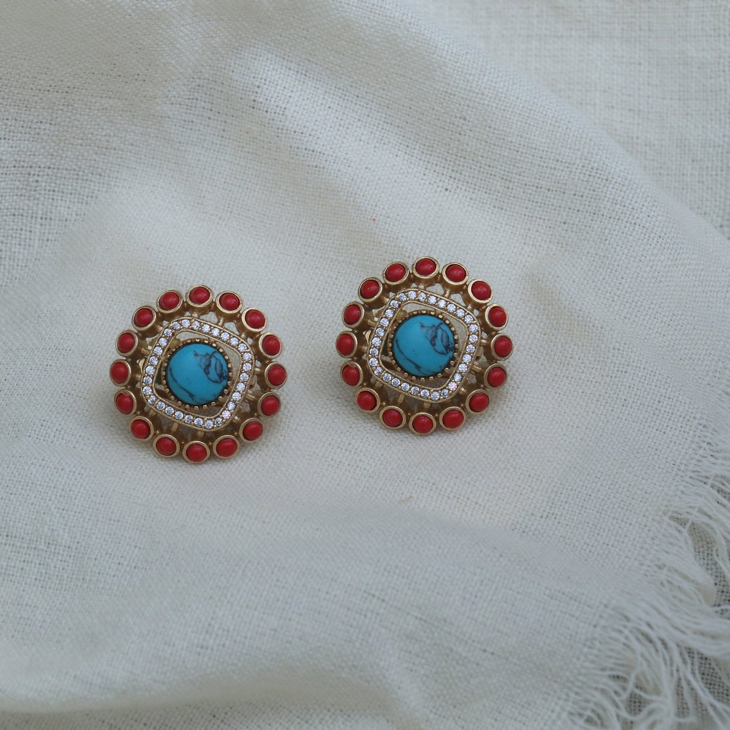 Turquoise & Red Stone Antique Floral Stud Earrings