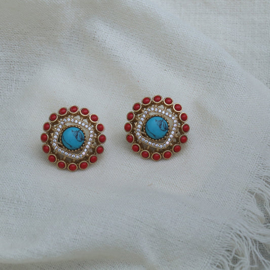 Turquoise & Red Stone Antique Floral Stud Earrings