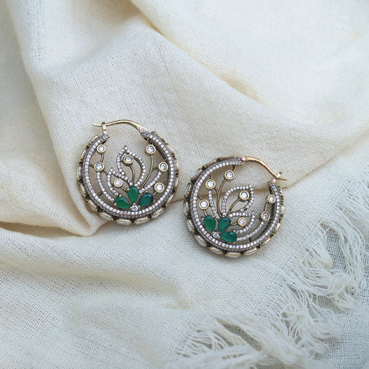 Emerald Petal Antique Kundan Hoop Earrings