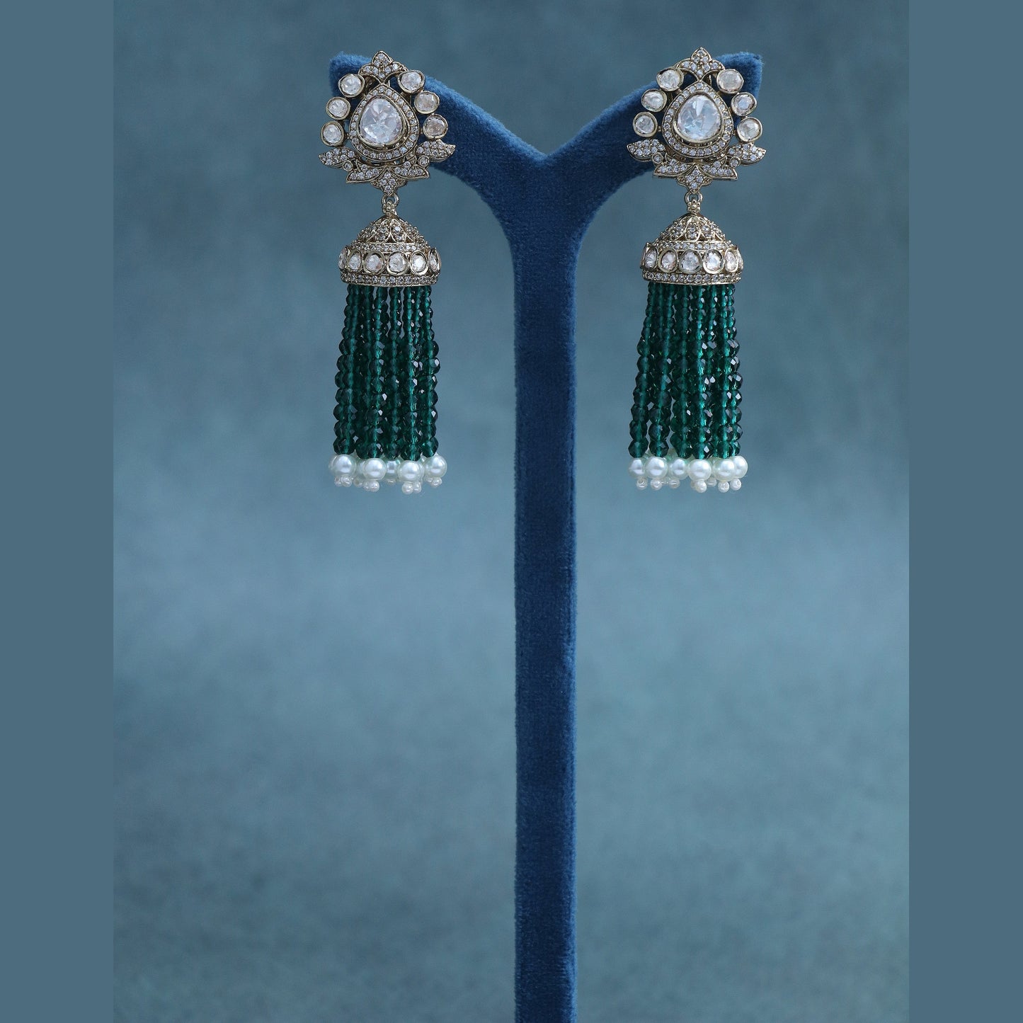 Emerald Green Bead Tassel Jhumka Earrings