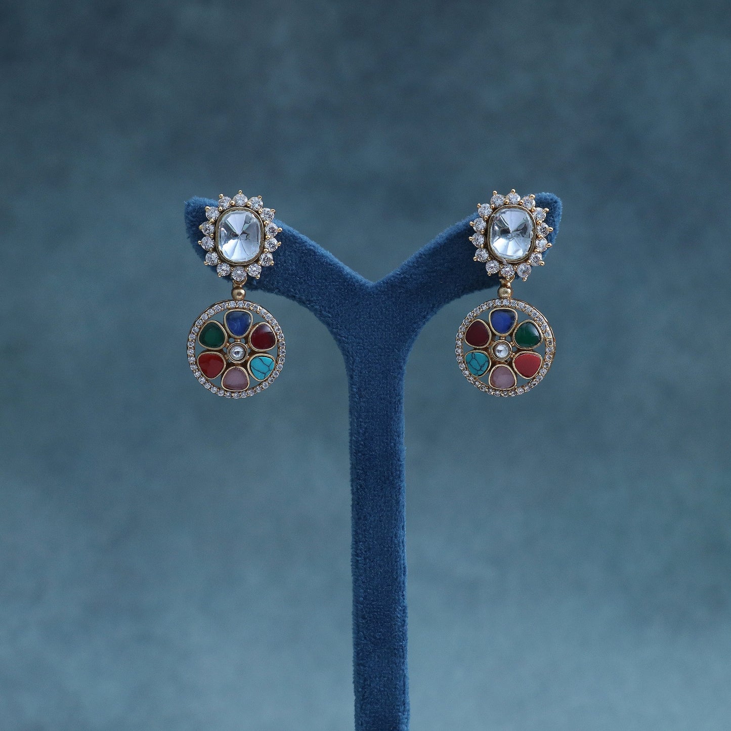 Navratan Gemstone & Kundan Drop Earrings