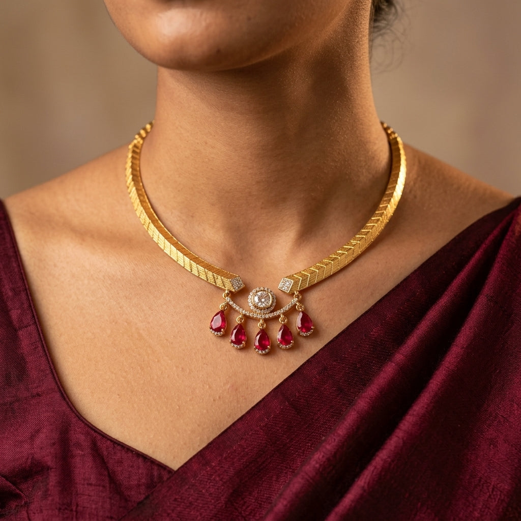 Ruby and Clear Textured Band Cluster Drop Necklace Set - Model