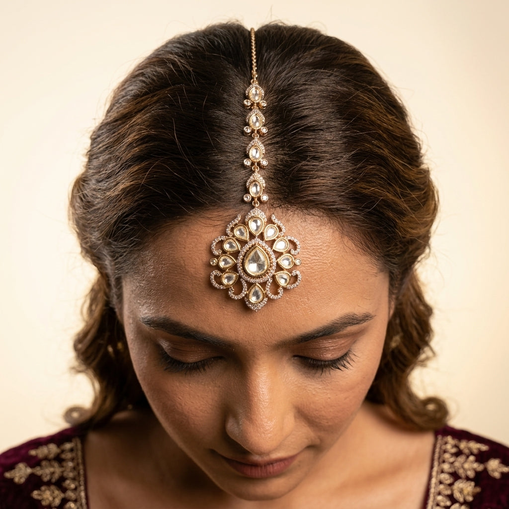 White Floral Polki Cluster Maang Tikka - Model