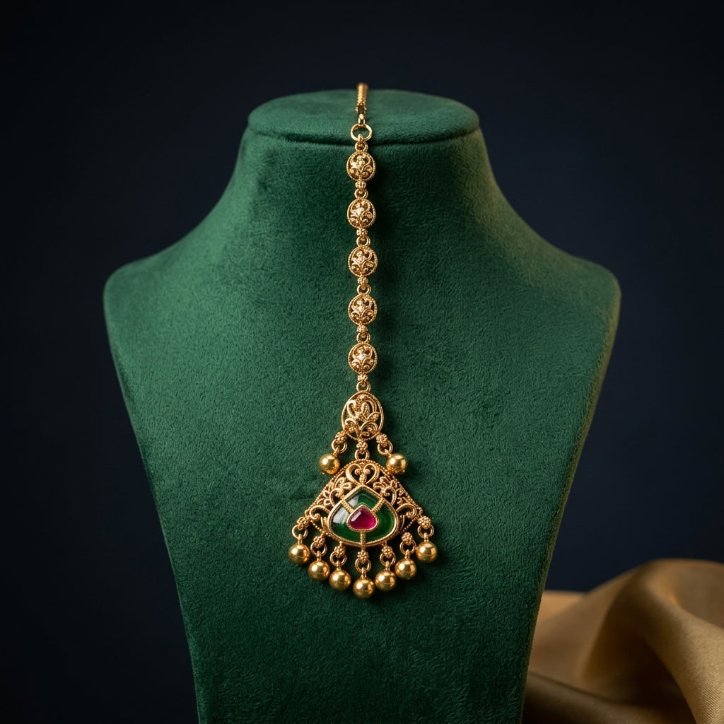 Ruby Green Filigree Floral Maang Tikka - Mannequin