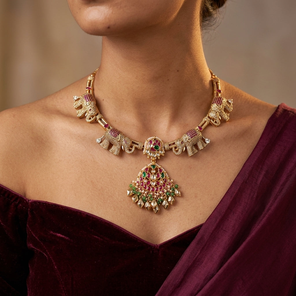 Multi Elephant Floral Necklace Set - Model