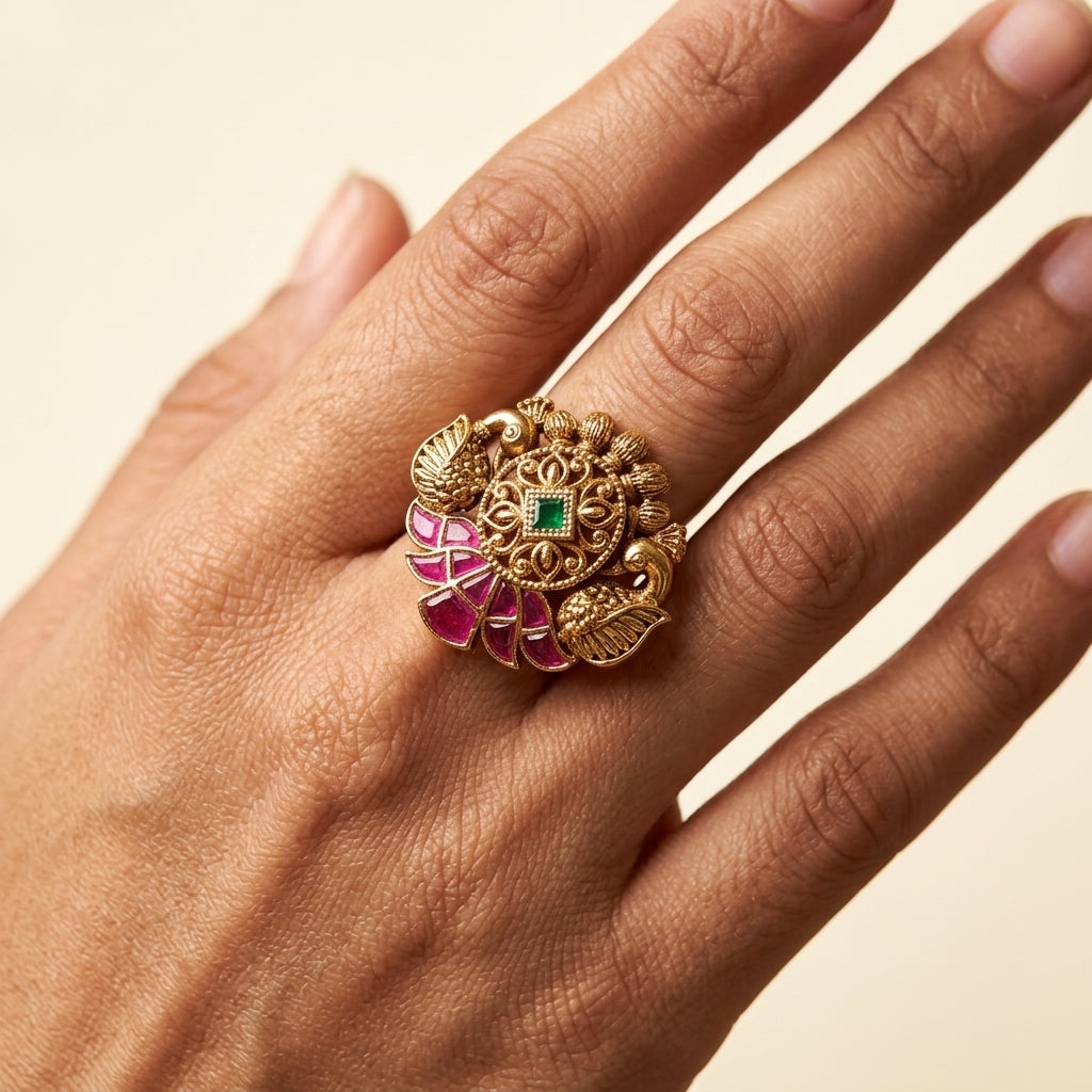 Ruby Green Peacock Floral Ring - Model