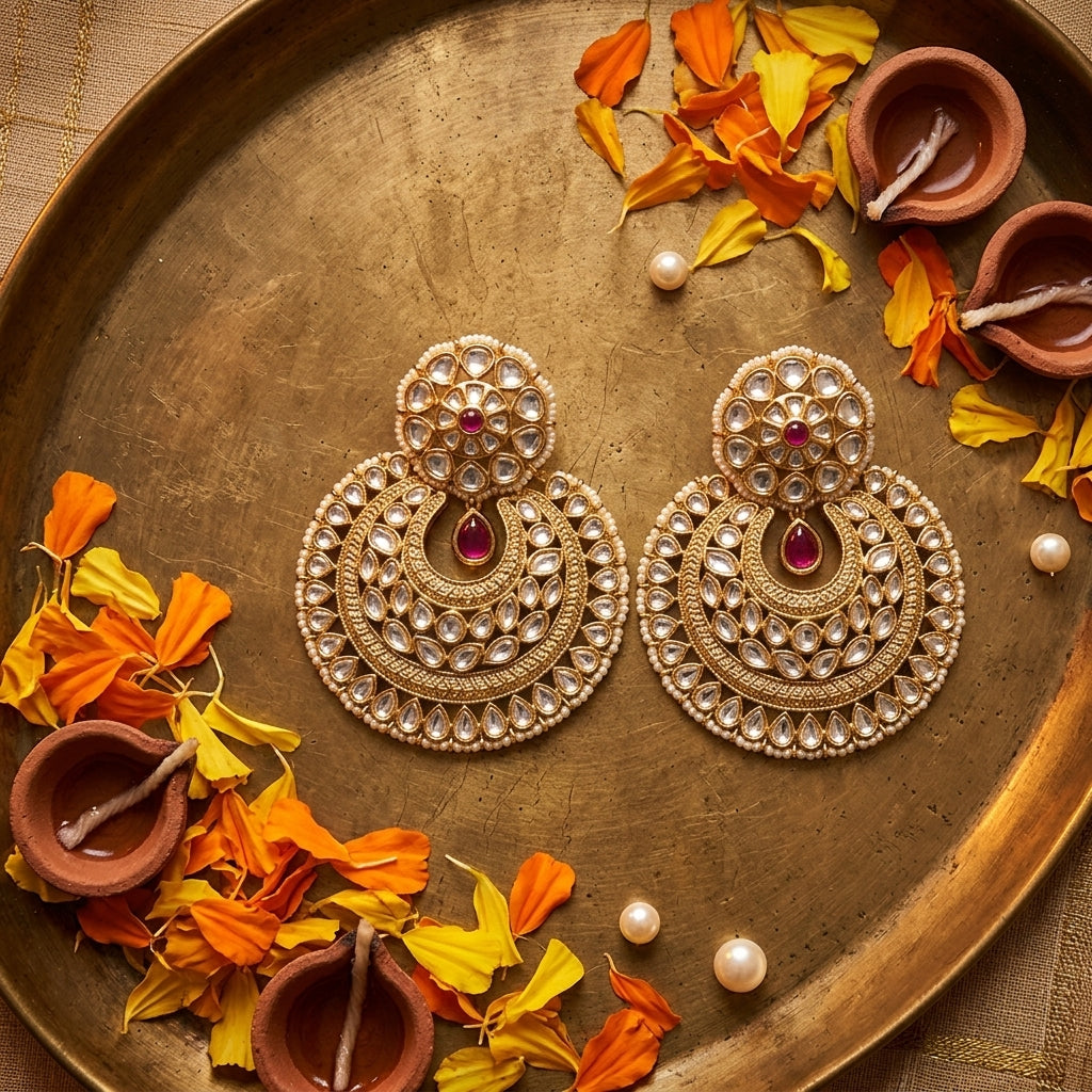 Ruby Red Mughal Kundan Chandbali Earrings - Tabletop