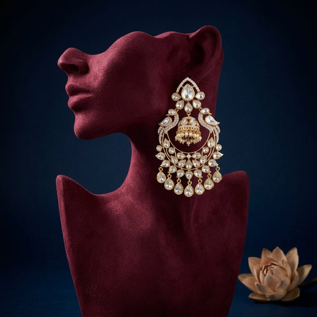 White Mughal Crescent Chandbali Earrings - Mannequin