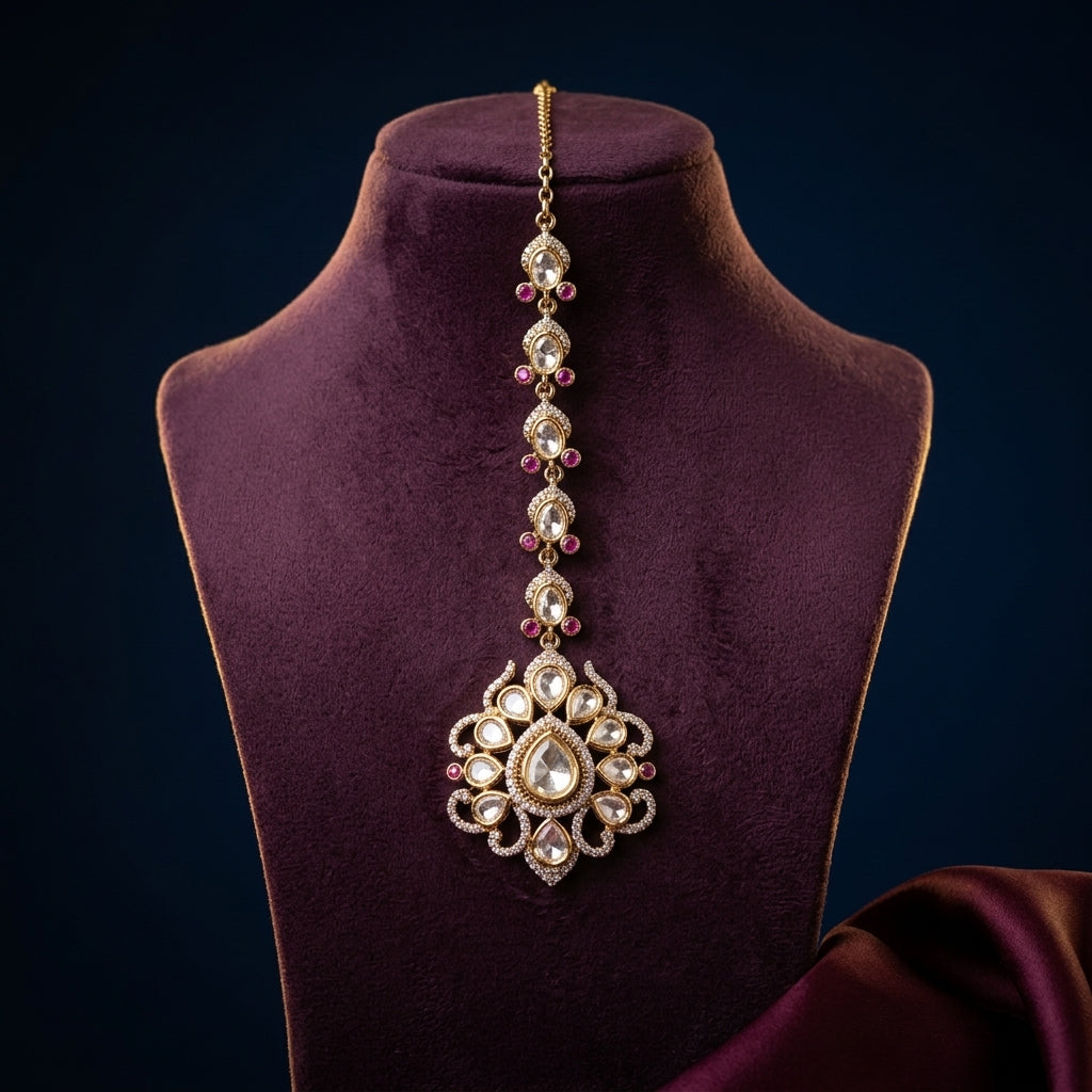 Clear and Ruby Ornate Cluster Maang Tikka - Mannequin