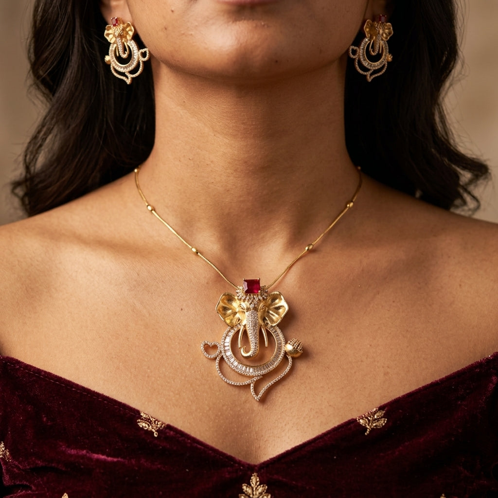 Red Ganesha Elephant Necklace Set - Model